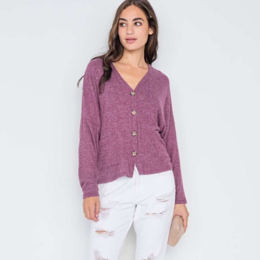 Berry Long Sleeve Knit Button-Front Combo Cardigan